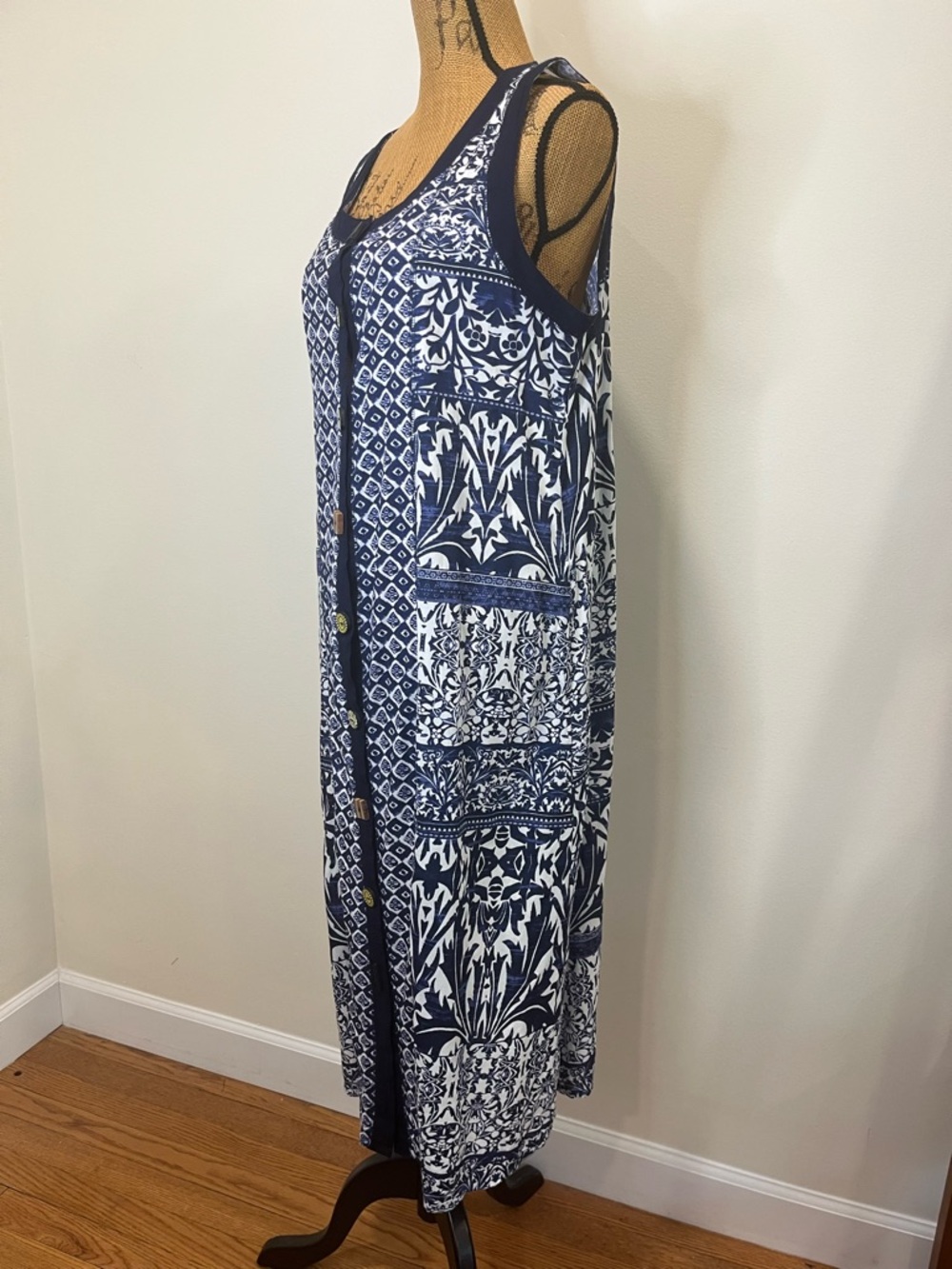 Vermont Country Store Midi Shift Dress Boho Button Front Blue White Size Large - Picture 4 of 12
